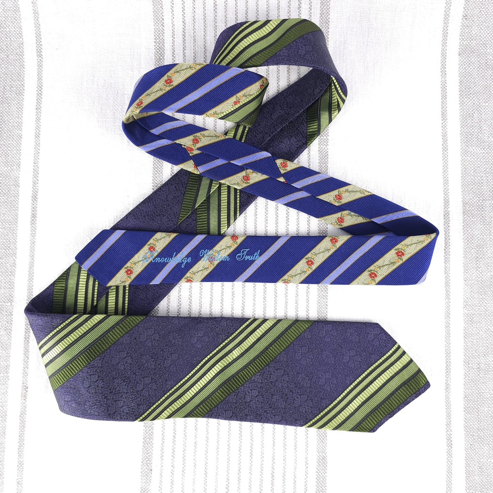 ROBERT GRAHAM Tie Silk Blue Green Diagonal Striped Repp Knowledge‎ Wisdom Truth